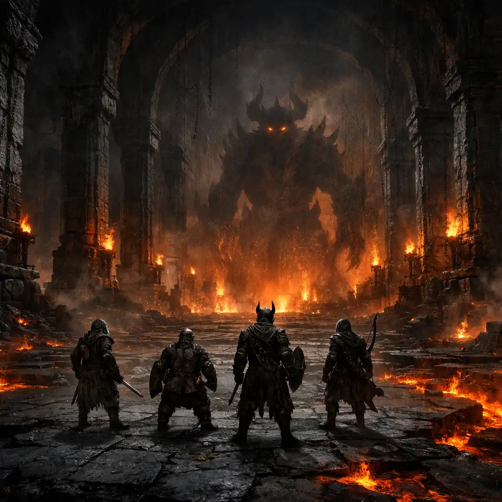 Ogromna infernalna sala lochu z małymi sylwetkami awanturników i odległym demonicznym zagrożeniem