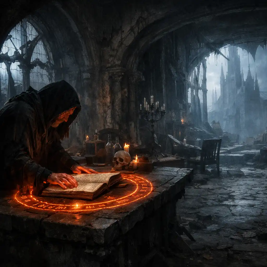 Warlock nad zakazanym manuskryptem w zrujnowanym skryptorium