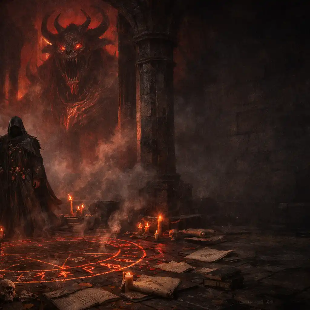 Warlock przy runicznym kręgu w podziemnej kaplicy, z monumentalną sylwetką The Soulgorger w tle
